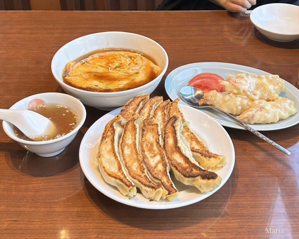 銀座天龍 本店 焼きギョーザ(8ヶ) 懐かしい天津丼（醬油あんかけ） エビのマヨネーズ和え
